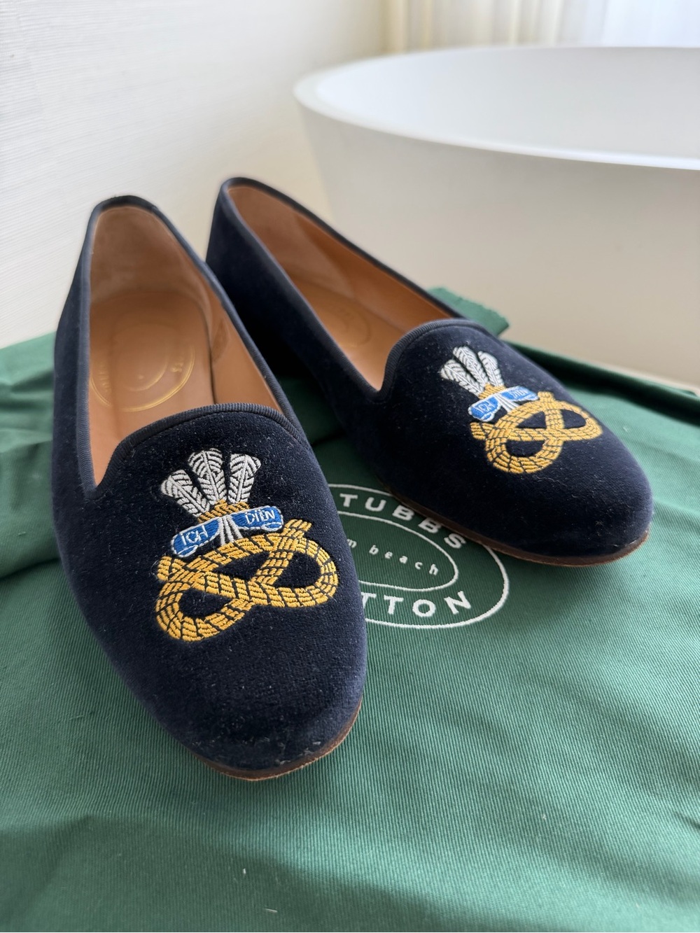 Stubbs & Wootton Navy Velvet Embroidered Loafers